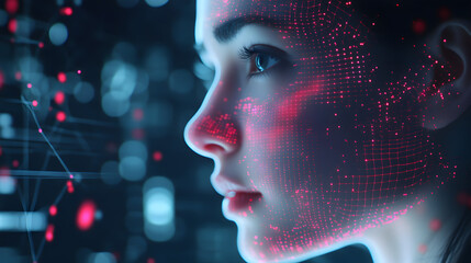 Poster - Woman in Digital World: A woman's face is overlaid with glowing red digital data, representing the interconnectedness of the modern world and the power of technology. The image evokes a sense of wonde
