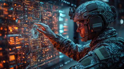 A soldier wearing a helmet and camouflage uniform interacts with a digital display.