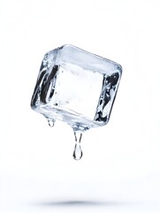 Poster - Close up view of a single transparent ice cube with water droplets and a dripping reflection on a clean bright and minimalistic background  The cube has a glossy chilled and frozen appearance