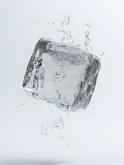Poster - Close up view of a clear transparent cube of frozen ice with intricate crystalline structures and patterns on a plain minimalist background  The icy block exhibits a glossy