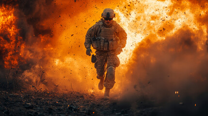 Wall Mural - A soldier runs through a fiery explosion.