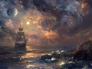 Poster - A Ship Sailing Under a Starry Sky at Sunset