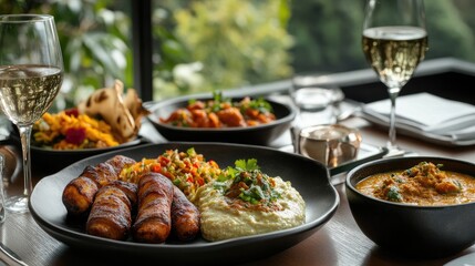 Plates of colorful Indian food by a window, with a breathtaking view of a bustling city, combining flavorful traditions with a luxurious urban dining experience