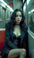 In a modern subway carriage, a stylish young woman reflects quietly as she sits alone on a blue seat, dressed in fashionable attire that showcases her unique sense of style.