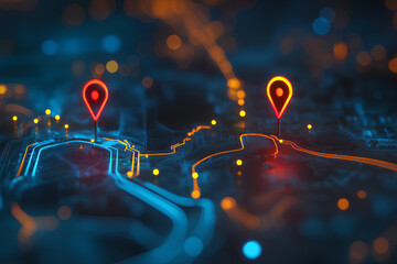 Poster - Digital map with location pins and glowing pathways, representing navigation and technology.
