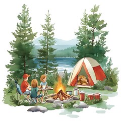 Poster - Watercolor Illustration of a Family Camping by a Lake.