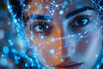 Poster - Intelligence quotient electromagnetic field neural feedback and brainwave pattern woman with digital neural blue lights representing advanced technology and future data processing