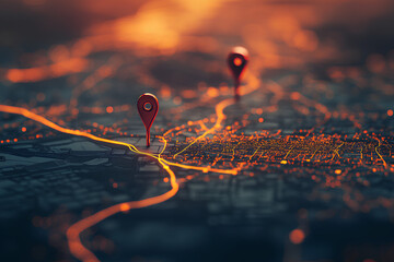 Poster - A close-up view of a digital map with location pins and illuminated pathways.