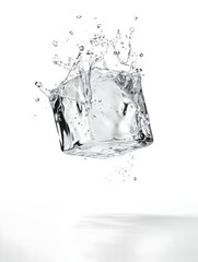 Poster - Closeup of a splashing ice cube in a transparent glass creating a dynamic and refreshing visual with flowing liquid sparkling droplets and a chilling frosty atmosphere