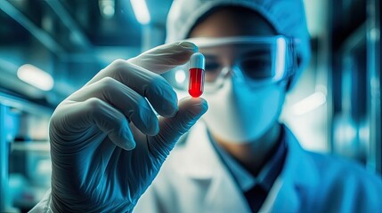 Poster - A scientist holding a small red and white pill, conducting research in a high-tech lab environment.