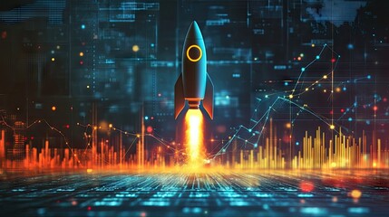 Poster - Business chart with a single-color rocket ascending, visualizing fast-paced growth and financial success.