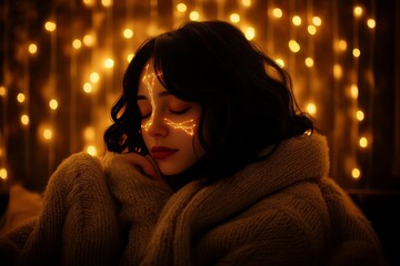 Poster - Neurogenesis cognitive function stimulus processing and cognitive overload woman sitting under golden glowing lights symbolizing contemplation and inner peace