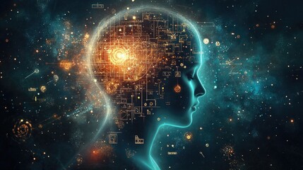 Poster - Dynamic flow of math symbols, including pi and square roots, emerging from a human head silhouette on a dark background.