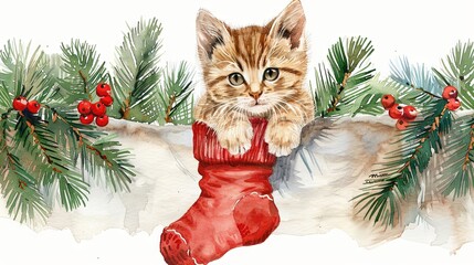 Wall Mural - A watercolor depiction of a charming, playful kitten dangling from a red Christmas stocking, with winter tree branches in the background, set against a white backdrop