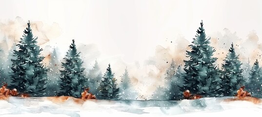 watercolor illustration of wood of Christmas trees, banner