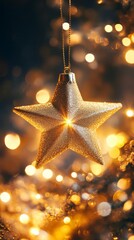 Aufkleber - Golden star ornament with glowing lights, festive holiday vibe. Christmas decoration concept