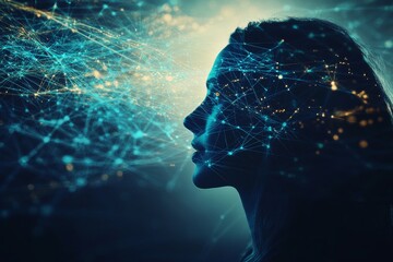 Poster - Deep learning brain interface neural coding and perception close up of a woman’s face with neural blue sparks symbolizing focus and future technology