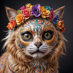 cat with colorful sugar skull face paint. Canine with festive Day of the Dead mask. Concept of celebration, Halloween, cultural tradition, pet costume, Dia de los Muertos makeup, celebration