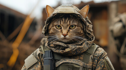 Wall Mural - A tabby cat dressed in camouflage stares intensely.