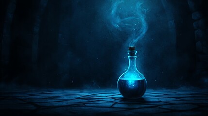 A mystical potion in a dark setting, shimmering with blue smoke, evoking a sense of magic and intrigue.