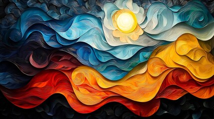 Wall Mural - Abstract representation of the four seasons with swirling colors and forms representing winter spring summer and fall in a single dynamic composition