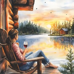 Sticker - Woman Relaxing on Porch with Wine at Sunset, Watercolor Illustration.