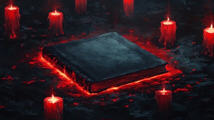 A mystical book surrounded by glowing candles, creating an eerie atmosphere perfect for fantasy and horror themes.