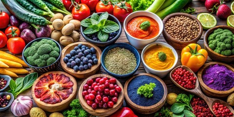 A close-up of a colorful array of healthy superfoods and vegetables on a table, healthy, superfood, selection, vegetarian