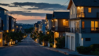 Houses line the city streets, their lights twinkling as dusk sets in.