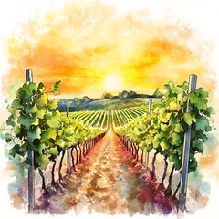 Wall Mural - Watercolor Painting of Vineyard with Sunset.