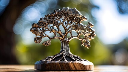 Metallic tree sculpture with intricate roots on blurred natural background, home decor inspiration