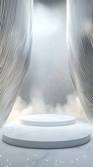 Wall Mural - Abstract White Marble Podium With Silver Abstract Curtains and Smoke Background.