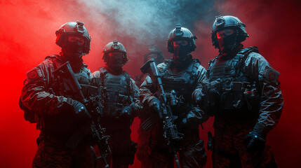 Wall Mural - Four soldiers in tactical gear stand in front of red and blue smoke.