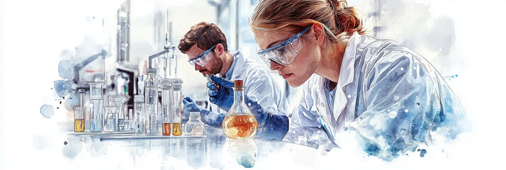 watercolor painting of scientists testing chemicals in a laboratory.