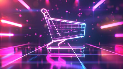 A glowing shopping cart icon in a futuristic, neon-lit setting, symbolizing online shopping and digital commerce.