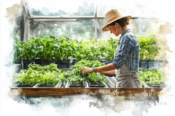 Wall Mural - Watercolor painting of a gardener taking care of hydroponic vegetables in a greenhouse.