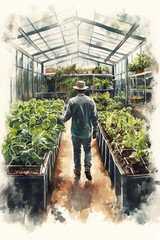 Wall Mural - Watercolor painting of a gardener taking care of hydroponic vegetables in a greenhouse.