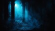 © ธนากร บัวพรหม - Mysterious blue light illuminates a dark, foggy corridor, creating an eerie atmosphere in an ancient, abandoned space.