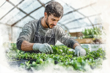 Wall Mural - Watercolor painting of a gardener taking care of hydroponic vegetables in a greenhouse.