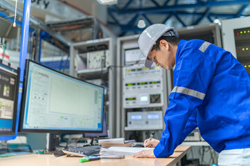 Engineer working at control room In large industrial plants,Manager control system,Technician man monitoring program from a lot of monitor,Concept Industry