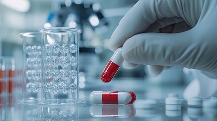 Poster - Researcher closely inspecting a red and white pill, with laboratory glassware and molecular structures in view.