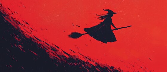 A silhouetted witch flying on a broom against a vivid red backdrop, creating a mystical and atmospheric scene.