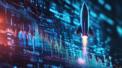 Poster - Rocket launching off a chart with financial data, symbolizing fast, one-color business growth and development.