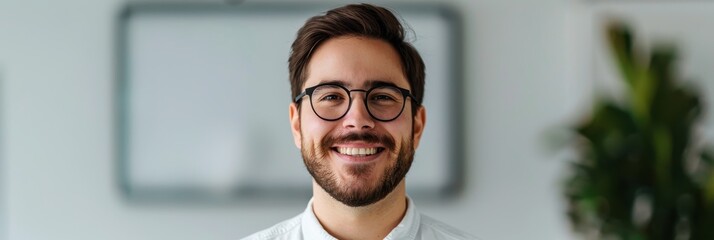 Portrait of a cheerful young man with glasses and a beard, smiling confidently in a casual indoor setting with a blurred background.