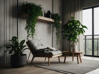 Minimalist detox corner with modern furnishings and green plants.