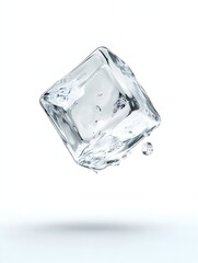 Poster - Elegant and minimalist close up shot of a single cube shaped piece of transparent and sparkling ice with a smooth glassy texture and subtle reflective surfaces