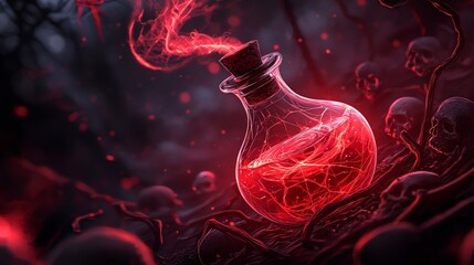 A mysterious potion bottle glowing with red liquid, surrounded by dark elements, evoking a sense of magic and intrigue.