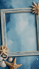 Wall Mural - Nautical watercolor frame with compass rose and seashells in soft blues.