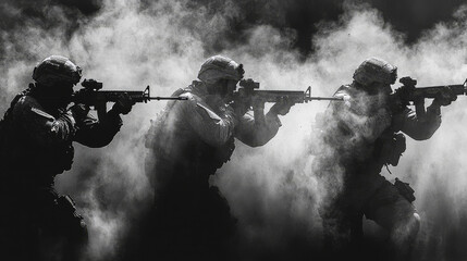 Wall Mural - Three soldiers in a cloud of smoke, aiming their rifles.