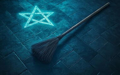 A mystical broom rests on a stone surface, illuminated by a glowing pentagram, evoking themes of magic and the occult.